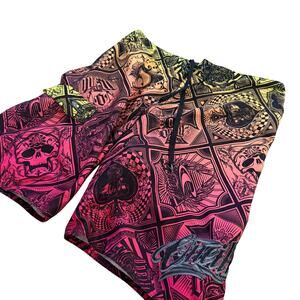 O’Neill Psycho Freak Y2K Skull Playing Card Board Shorts Pink Yellow Size 34
